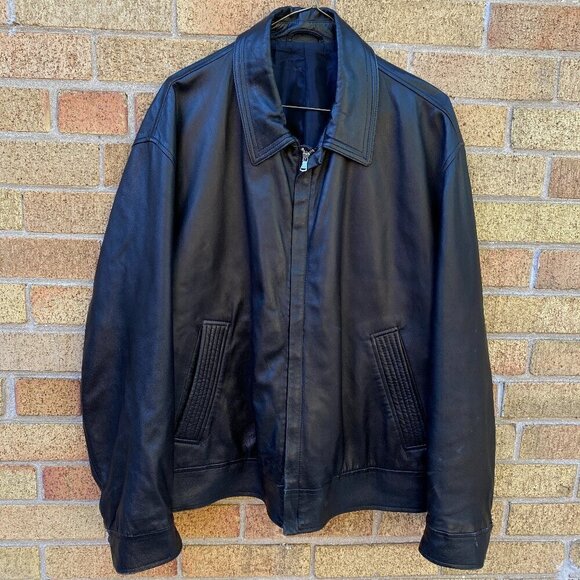 Vintage 1980s Hugo Boss Leather Jacket W/ Lampo Zipper Large Black - Picture 1 of 16